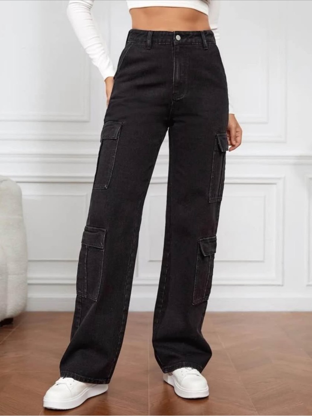 High-Waist Black Cargo Wide-Leg Jeans for Women
